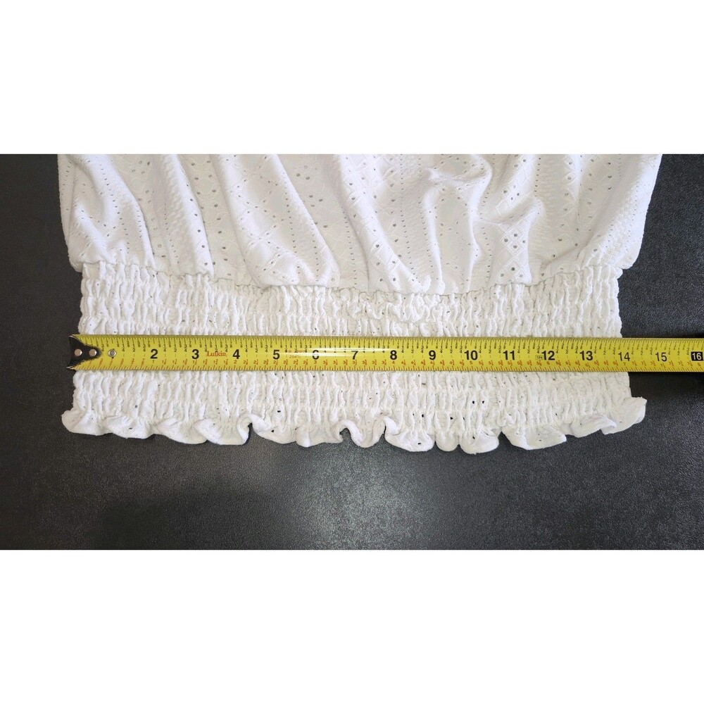 Michael Kors White Eyelet Short Sleeve Smocked Waist Top Blouse Womens Medium - Picture 9 of 10